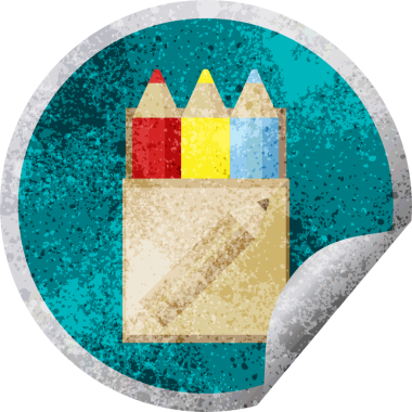 Bir insan tarafından çizilmiş renkli kalem paketi grafik vektör çizim dairesel etiketi