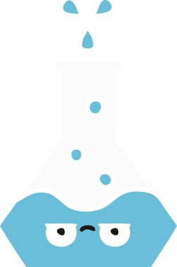 Bir insan tarafından çizilmiş bir bilim şişesinin düz renkli retro karikatürü