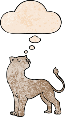 Bir insan tarafından çizilmiş grunge doku tarzında düşünce baloncuğu olan çizgi film dişi aslanı.