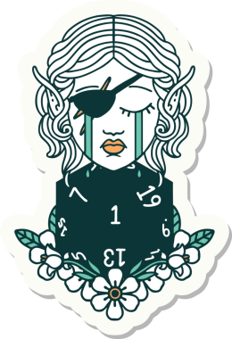 Ağlayan bir elf karakterinin çıkartması. İnsan tarafından çizilmiş doğal bir D20 yuvarlak yüzlü.