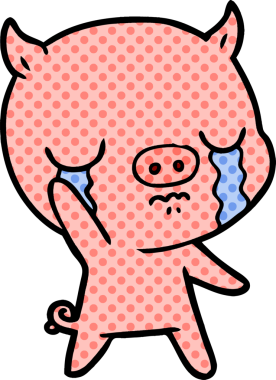 Çizgi film domuzu ağlıyor ve bir insan tarafından çizilmiş el sallıyor.