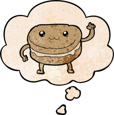 Bir insan tarafından çizilmiş grunge desenli düşünce baloncuklu pasta karakterini sallayan çizgi film.