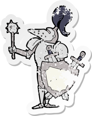 Bir insan tarafından çizilmiş bir kalkanla ortaçağ şövalyesi karikatürünün gerilimli çıkartması.