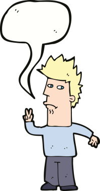 Bir insan tarafından çizilmiş konuşma balonuyla barış işareti yapan çizgi film adamı.