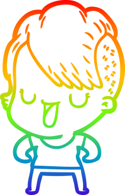 Gökkuşağı gradyan çizimi. Hipster saç kesimi bir insan tarafından çizilmiş şirin bir çizgi film kızı.