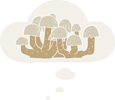 Düşünce baloncuğu olan çizgi film mantarları insan tarafından çizilmiş.