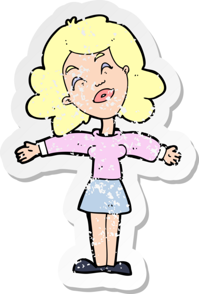 Bir insan tarafından çizilmiş, kolları açık, karikatür bir kadının gerilmiş çıkartması.