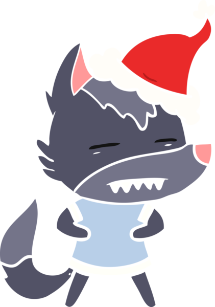 Bir insan tarafından çizilmiş Noel Baba şapkası takan bir kurdun düz renk çizimi.