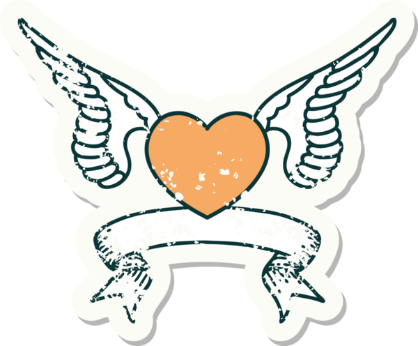 Bir insan tarafından çizilmiş kanatlı bir kalbin bayrağını taşıyan eski bir etiket.