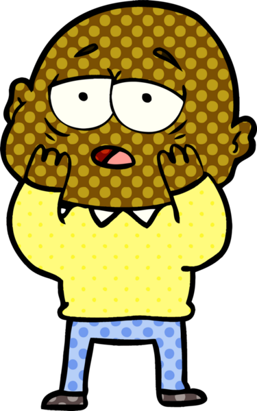 Bir insan tarafından çizilmiş yorgun, kel bir adam.