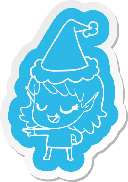 Bir insan tarafından çizilmiş Noel Baba şapkası giyen elf bir kızın komik çizgi film çıkartması.