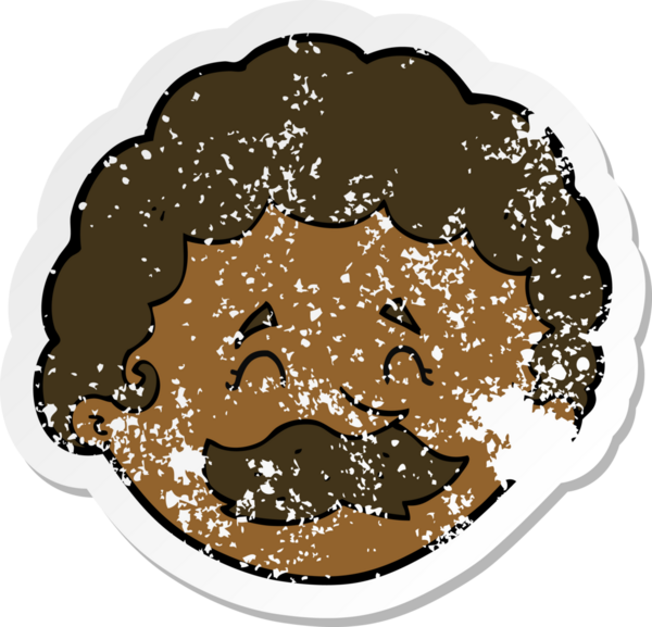 Bir insan tarafından çizilmiş bıyıklı bir karikatürcünün gerilemiş çıkartması.