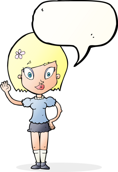 Bir insan tarafından çizilmiş konuşma balonuyla el sallayan güzel kız.