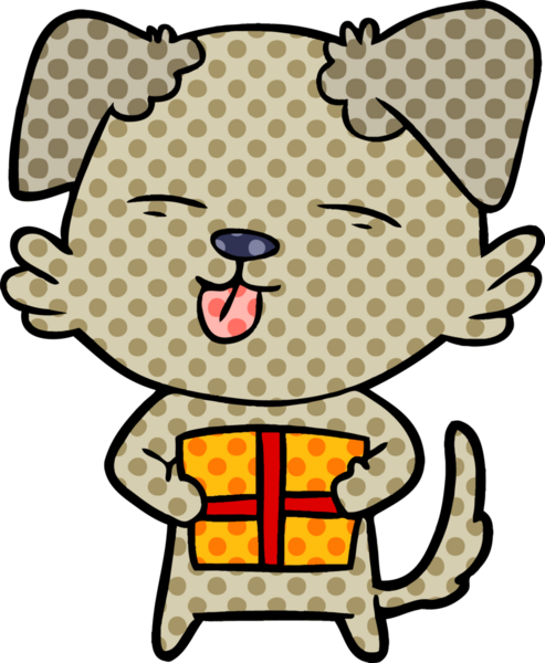 Bir insan tarafından çizilmiş noel hediyeli çizgi film köpeği.