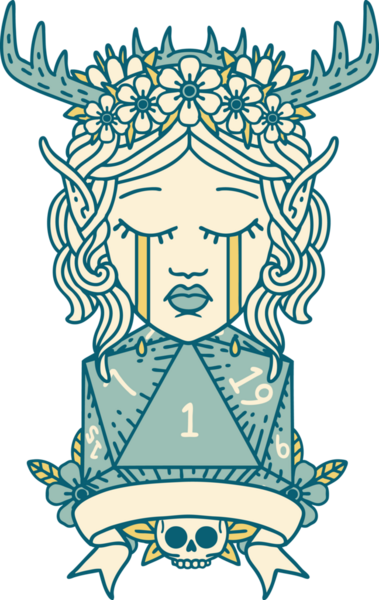 Retro Dövme Tarzı Üzgün Elf Karakteri Yüzü Doğal bir D20 ruloyla Bir insan tarafından çizilmiş