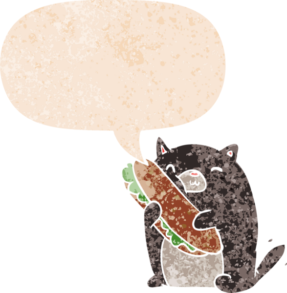 Bir insan tarafından çizilmiş grunge ile konuşma baloncuklu çizgi film kedisi.