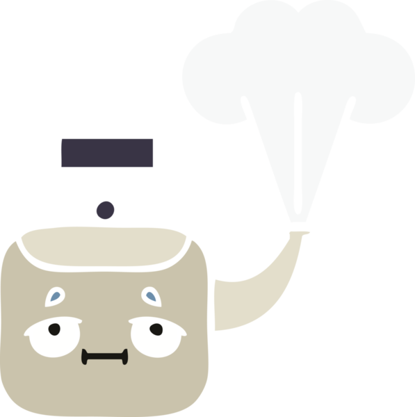 Bir insan tarafından çizilen dumanı tüten bir çaydanlığın düz renkli retro karikatürü