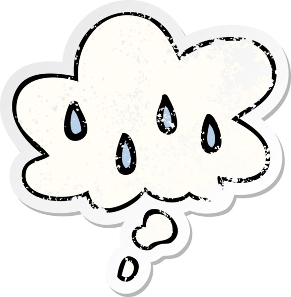 Düşünce baloncuklu karikatür yağmuru bir insan tarafından çizilmiş yıpranmış bir çıkartma.