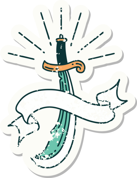 Bir insanın çizdiği kılıç dövmesi stili eski bir çıkartma.