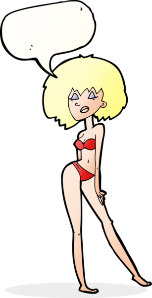 Bir insan tarafından çizilmiş konuşma balonu olan bikinili bir kadın.