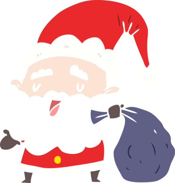 Bir insan tarafından çizilmiş düz renkli Noel Baba karikatürü.