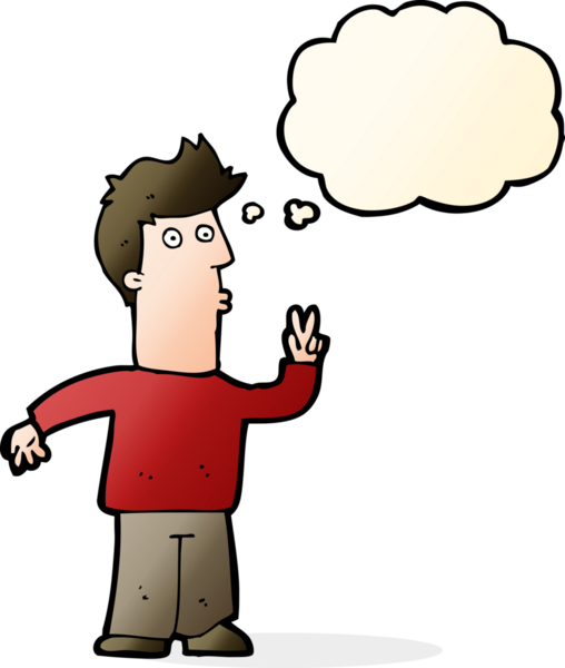 Bir insan tarafından çizilmiş düşünce baloncuğuyla el işareti yapan çizgi film adamı.