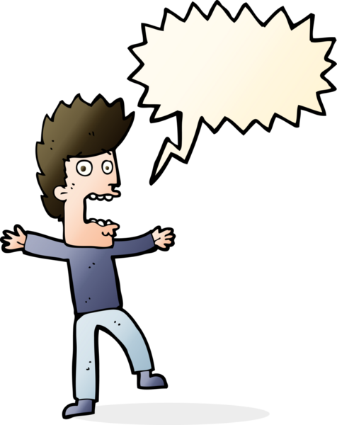 Bir insan tarafından çizilmiş, konuşma balonuyla dehşete düşmüş bir adam.