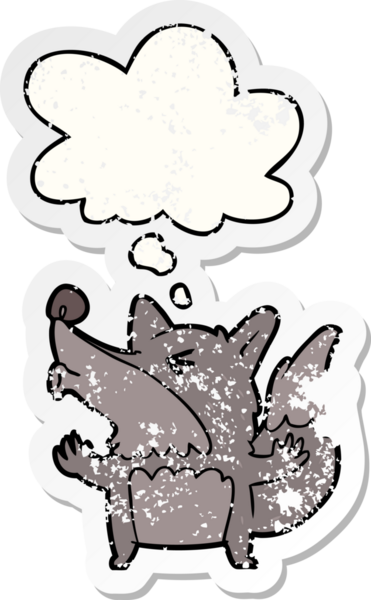 Düşünce baloncuğuyla uluyan bir kurtadam insan tarafından çizilmiş yıpranmış bir çıkartma gibi.