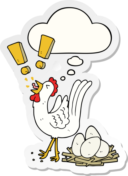 Çizgi film tavuğu, insan tarafından çizilmiş bir çıkartma olarak düşünce baloncuğu ile yumurtluyor.