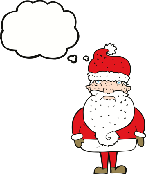 Bir insan tarafından çizilmiş düşünce baloncuklu Noel Baba çizgi filmi.