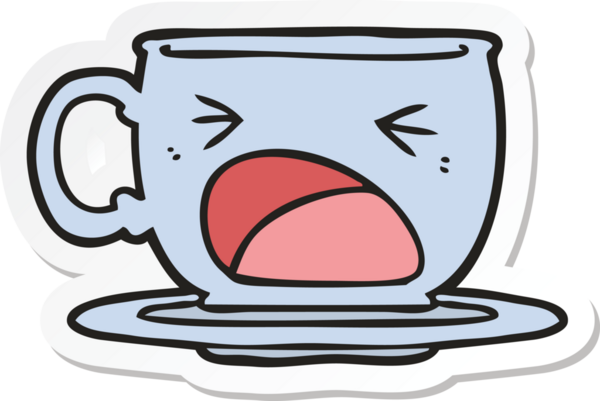 Bir insan tarafından çizilmiş çay fincanı diye bağıran bir karikatür çıkartması.