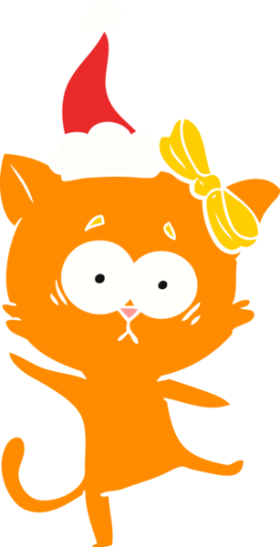 Bir insan tarafından çizilmiş Noel Baba şapkası takan bir kedinin düz renk çizimi.