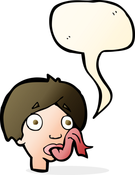 Bir insan tarafından çizilmiş konuşma baloncuğuyla dilini dışarı çıkaran çizgi film kafası.