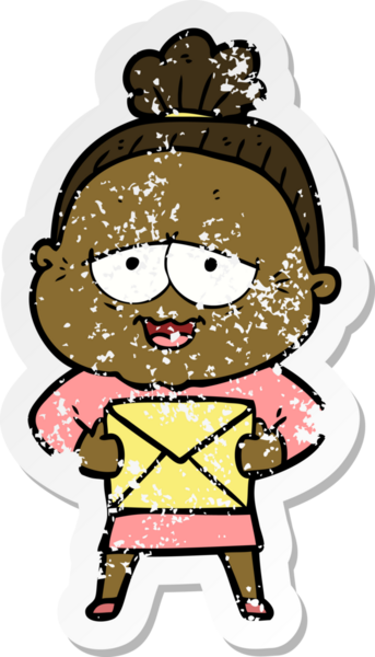 Bir insan tarafından çizilmiş mutlu, yaşlı bir kadının sıkıntılı çıkartması.