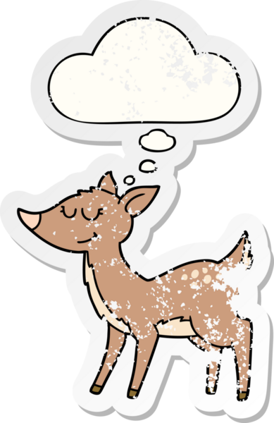 Düşünce baloncuğu olan çizgi film geyiği insan tarafından çizilmiş yıpranmış bir çıkartma gibidir.