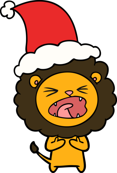 Bir insan tarafından çizilmiş Noel Baba şapkası giymiş bir aslanın el çizimi.