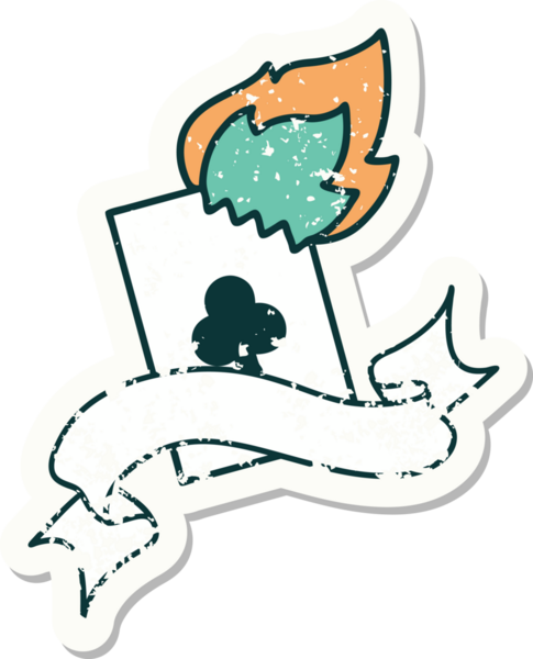 Bir insan tarafından çizilmiş alevli bir kartın pankartı olan eski bir etiket.