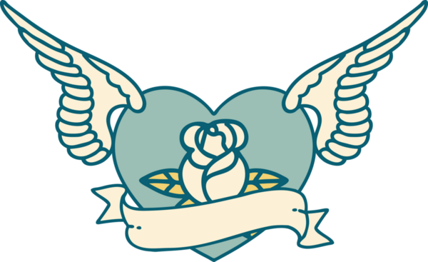 Bir insan tarafından çizilmiş çiçek ve bayrak ile uçan bir kalbin ikonik dövme görüntüsü