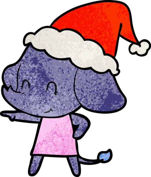 Bir insan tarafından çizilmiş Noel Baba şapkası takan bir filin desenli çizimi.