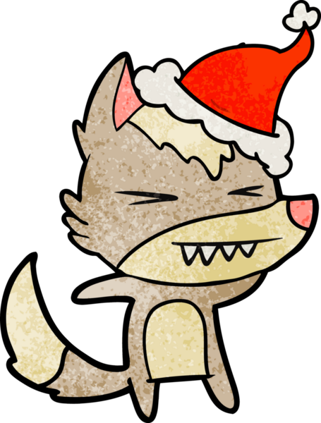 Kızgın kurt eli, bir insan tarafından çizilmiş Noel Baba şapkası giymiş bir karikatür çizmiş.