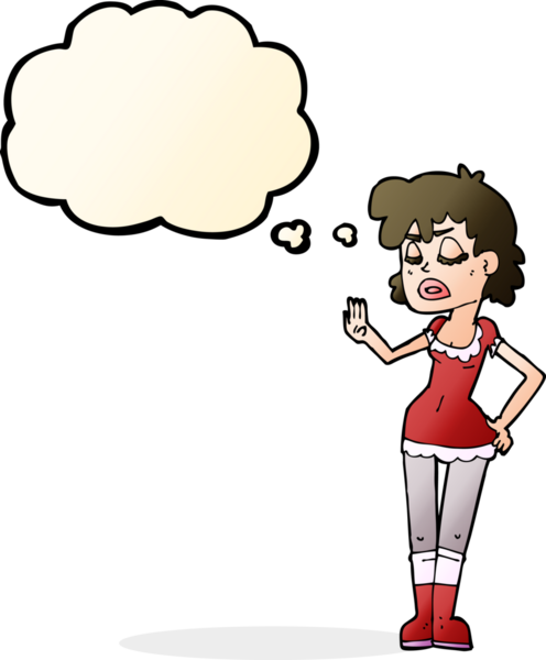 Bir insan tarafından çizilen düşünce baloncuğuyla kibirli bir jest yapan karikatür kadını.