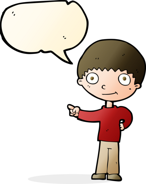 Bir insan tarafından çizilmiş konuşma balonuyla işaret eden mutlu çocuk çizgi filmi.