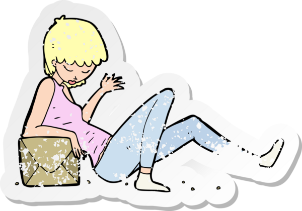 Bir insan tarafından çizilmiş paket kutusuna yaslanan karikatür kadın etiketi.