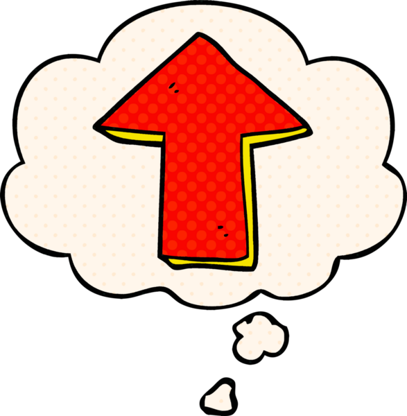 Bir insan tarafından çizilmiş çizgi roman tarzında düşünce baloncuklu ok gösteren çizgi film.