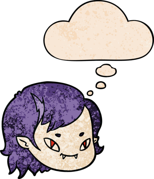 Bir insan tarafından çizilmiş grunge desenli düşünce baloncuğu olan vampir kız yüzü.