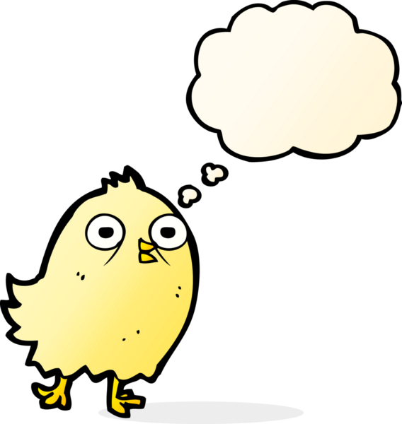 Bir insan tarafından çizilmiş düşünce baloncuklu komik çizgi film kuşu.