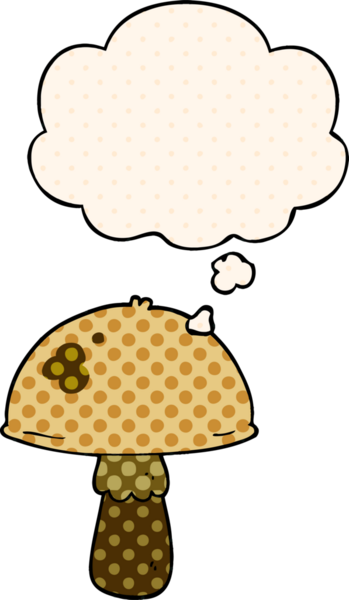 Çizgi roman tarzında bir insan tarafından çizilmiş düşünce baloncuklu mantar.