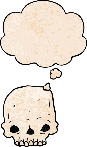 Bir insan tarafından çizilmiş grunge desenli düşünce baloncuğu olan karikatürümsü kafatası.