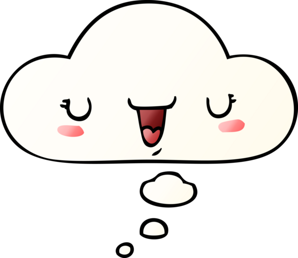 Bir insan tarafından çizilmiş yumuşak eğimli düşünce baloncuklu sevimli mutlu yüz karikatürü.