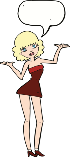 Bir insan tarafından çizilmiş konuşma balonu olan kokteyl elbiseli bir kadın.